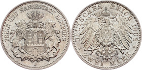 Free Hanseatic city of Hamburg, 2 Mark 1908, J