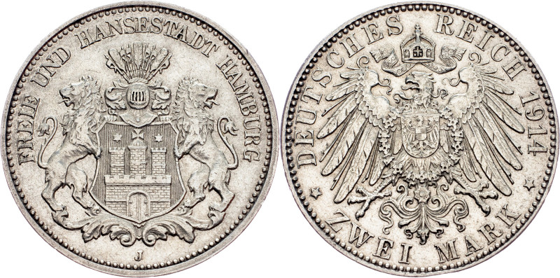 Free Hanseatic city of Hamburg, 2 Mark 1914, J Germany, Free Hanseatic city of H...