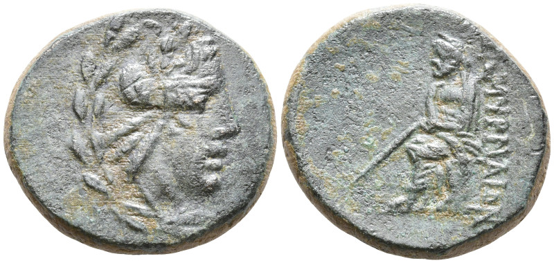 Ionia, Smyrna Æ. Circa 75-50 BC. Laureate head of Apollo right, all within wreat...