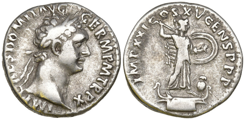 Domitian AR Denarius. Rome, AD 90-91. IMP CAES DOMIT AVG GERM P M TR P X, laurea...