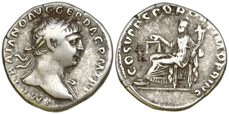 Trajan AR Denarius. Rome, AD 103-111. IMP TRAIANO AVG GER DAC P M TR P, laureate...