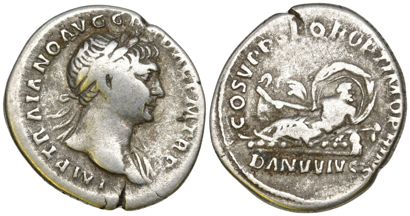 Trajan AR Denarius. Rome, AD 107-108. IMP TRAIANO AVG GER DAC P M TR P, laureate...