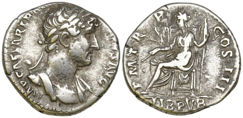 Hadrian AR Denarius. Rome, late AD 120-121. IMP CAESAR TRAIAN HADRIANVS AVG, lau...