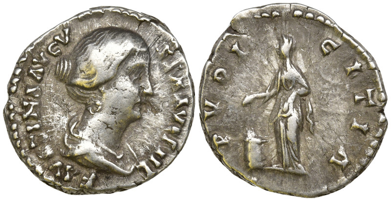 Faustina II (daughter of A. Pius) AR Denarius. Rome, AD 145-161. FAVSTINA AVGVST...