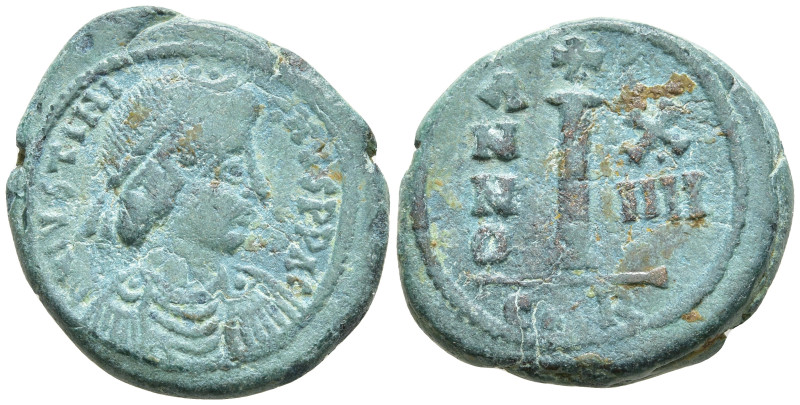 Justinian I, Æ, Decanummium. Constantinople. AD. 527-565
DNIVSTINI-ANVSPPAVC. B...