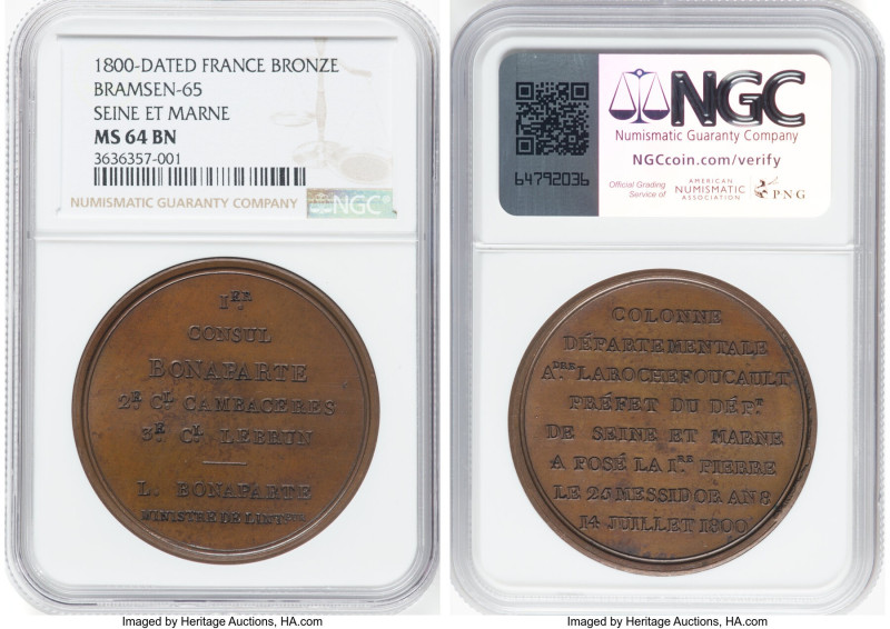 Napoleon bronze "Seine et Marne" Medal 1800-Dated MS64 Brown NGC, Bramsen-65. HI...