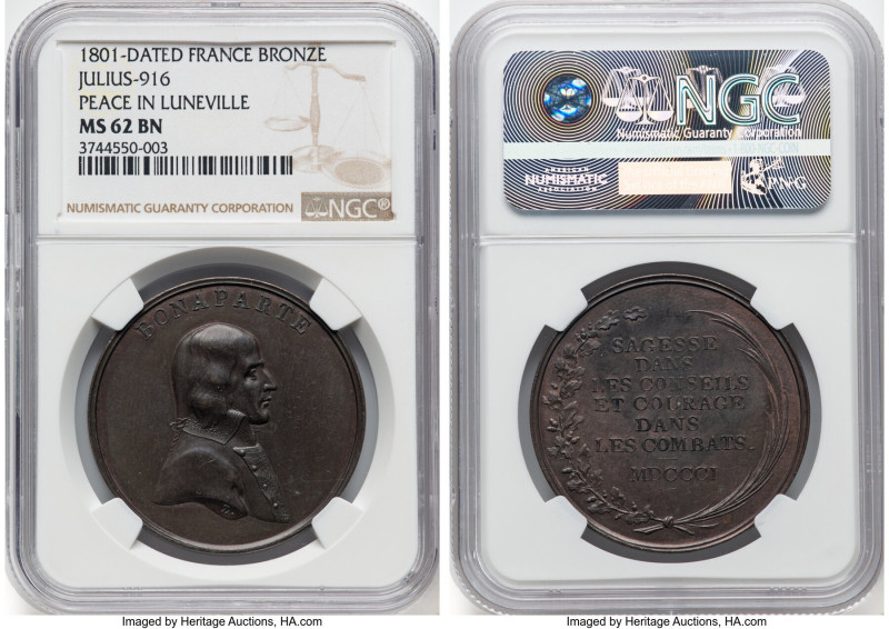 "Peace of Luneville" bronze Medal 1801-Dated MS62 Brown NGC, Bramsen-114, Julius...