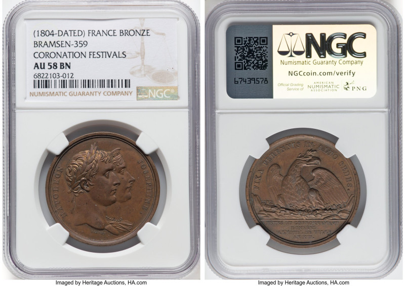Napoleon bronze "Coronation Festivals" Medal 1804-Dated AU58 Brown NGC, Bramsen-...