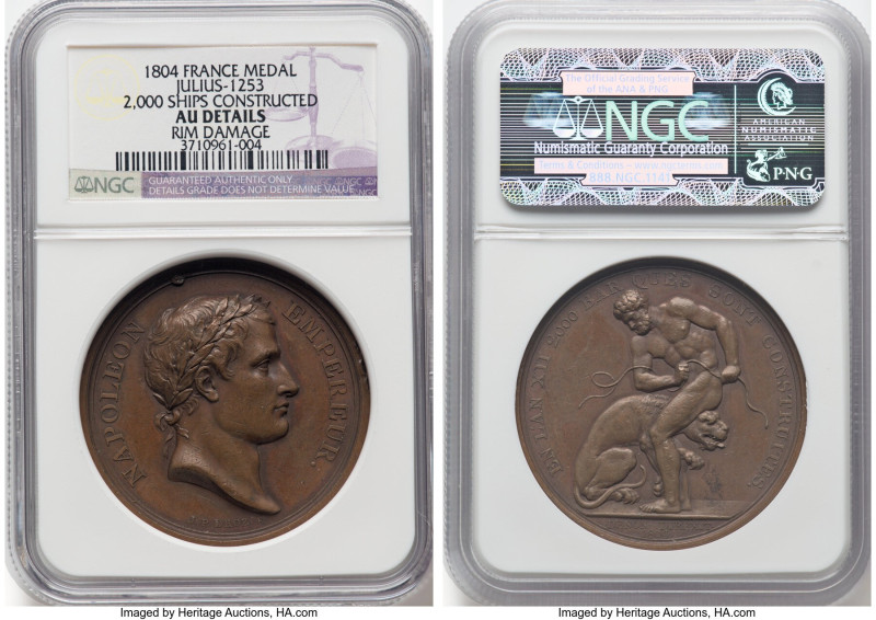 Napoleon bronze "Hercules and the Lion" Medal 1804 AU Details (Rim Damage) NGC, ...