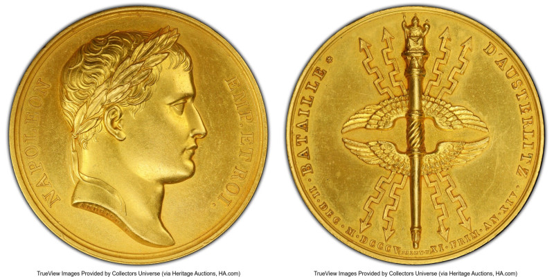 Napoleon gilt-copper Specimen "Battle of Austerlitz" Medal 1805 SP63 PCGS, Brams...