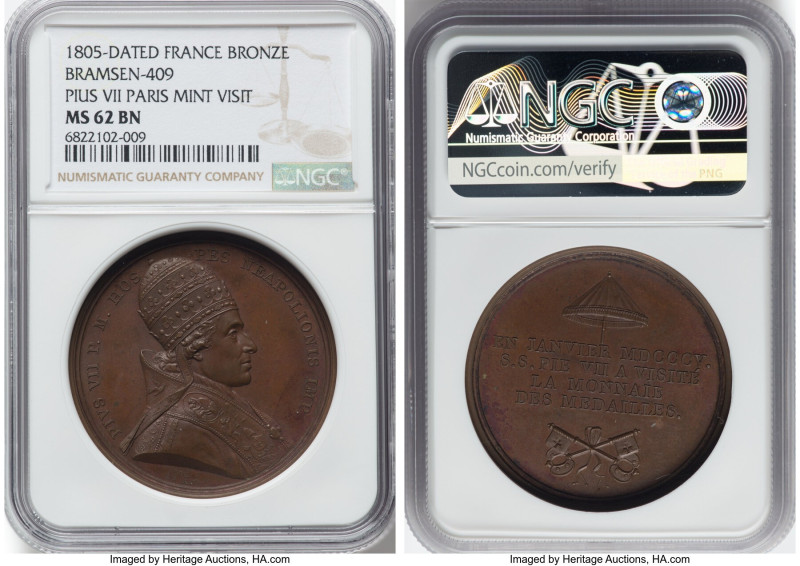 "Pius VII Paris Mint Visit" bronze Medal 1805-Dated MS62 Brown NGC, Bramsen-409....