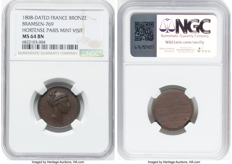 Napoleon bronze "Hortense Paris Mint Visit" Medal 1808-Dated MS64 Brown NGC, Bra...