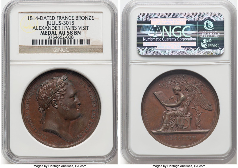 "Alexander I Paris Mint Visit" bronze Medal 1814-Dated AU58 Brown NGC, Julius-30...