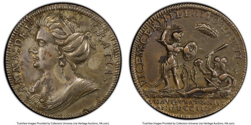 Anne silvered copper "Coronation" Medal 1702 XF Details (Environmental Damage) P...