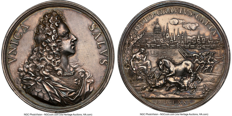 James III silver "The Only Safeguard" Medal 1721 UNC Details (Obverse Scratched)...