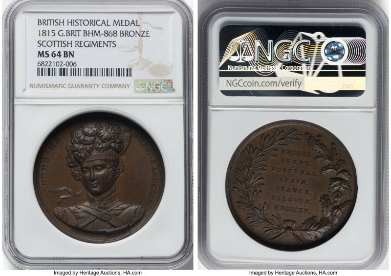 "Scottish Regiments" bronze Medal 1815 MS64 Brown NGC, BHM-868. 41mm. By Dubois....