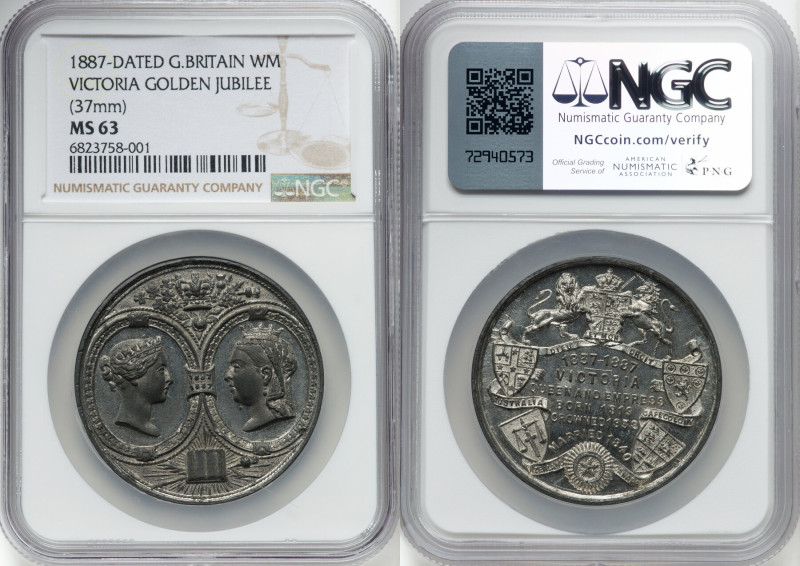 Victoria white metal "Golden Jubilee" Medal 1887-Dated MS63 NGC, 37mm. Accompani...