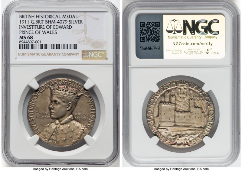 "Investiture of Edward, Prince of Wales" silver Medal 1911 MS68 NGC, BHM-4079. 3...