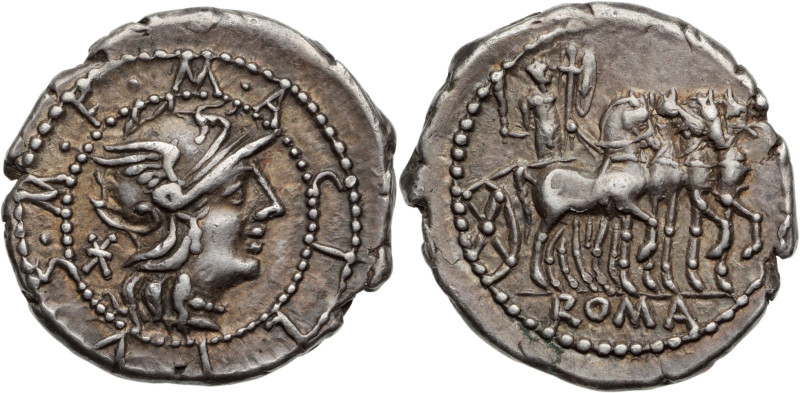 M. ACILIUS M. F. (130 av. J.-C.)
Denier AR. 3,89 g. Rome.
A/ M. ACILIVS. M. F da...