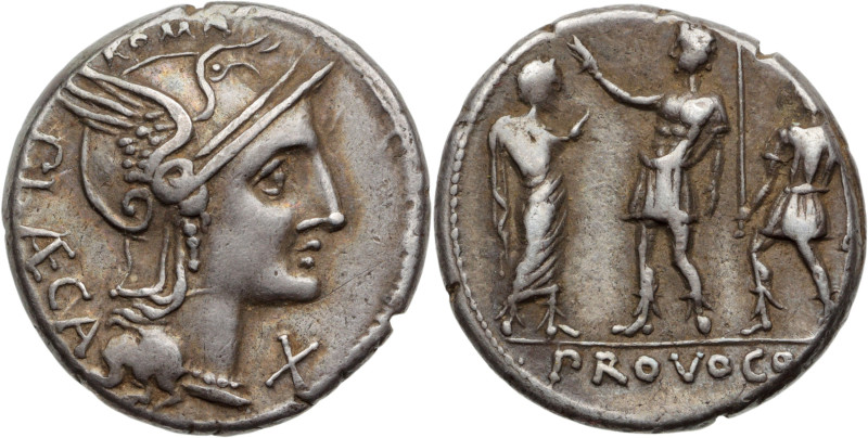 P. PORCIUS LAECA (110-109 av. J.-C.)
Denier AR. 3,88 g. Rome.
A/ Tête casquée de...