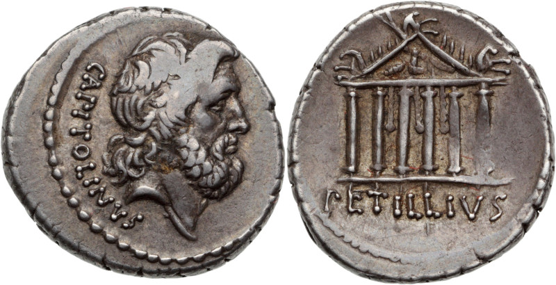 PETILLIUS CAPITOLINUS (43 av. J.-C.)
Denier AR. 3,93 g. Rome.
A/ Tête laurée de ...