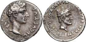 AUGUSTE et AGRIPPA
Denier AR. 3,62 g. Rome en 12 av. J.-C.
Monétaire : Cossus Cornelius Lentulus.
A/ AVGVSTVS COS XI. Tête d’Auguste à droite couronné...