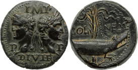 AUGUSTE et AGRIPPA
Dupondius 12,61 g. Nimes
A/ Têtes adossées d’Auguste et Agrippa, entre deux P (Pater Patriae), au dessus IMP, dessous DIVIF.
R/ COL...
