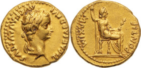 TIBÈRE (14-37)
Aureus 7,76 g.  Lyon en 14-17
A/ TI CAESAR DIVI - AVG F AVGVSTVS. Sa tête laurée à droite.
R/ PONTIF - MAXIM. Livie assise à droite ten...