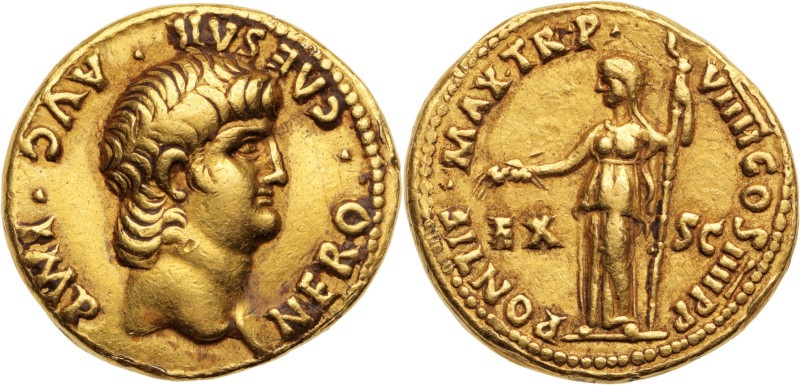 NÉRON (54-68)
Aureus 7,64g. Rome en62-63
A/ NERO-CAESAR-AVG-IMP. Tête nue de Nér...