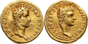 CALIGULA et son père, GERMANICUS 
Aureus 7,65 g. frappé à Rome en 37-38 
sous le règne de Caligula.  
A/ C CAESAR AVG GERM P M TR POT. Tête laurée de ...