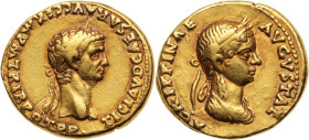 CLAUDE (41-54) et AGRIPPINE LA JEUNE 
Aureus 7,53 g. frappé à Rome entre 50 et 54 
A/ TI CLAVD CAESAR AVG GERM PM TRIB POT PP. Tête laurée de Claude à...