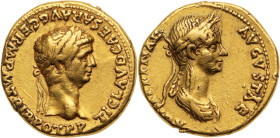 CLAUDE (41-54) et AGRIPPINE LA JEUNE 
Aureus 7,53 g. frappé à Rome entre 50 et 54  
A/ TI CLAVD CAESAR AVG GERM PM TRIB POT PP. Tête laurée de Claude ...