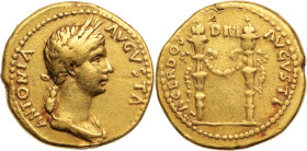 ANTONIA, épouse de Néron Drusus (morte en 39) 
Aureus 7,70 g. frappé à Rome entre 41 et 45, sous le règne de son fils, Claude.
A/ ANTONIA AVGVSTA. Son...
