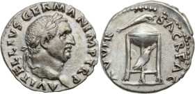 VITTELIUS (69)
Denier AR. 3,12 g. Rome.
A/ A VITELLIVS GERM IMP AVG TR P. Sa tête laurée à droite.
R/ XV VIR SACRA FAC. Trépied avec dessus un dauphin...