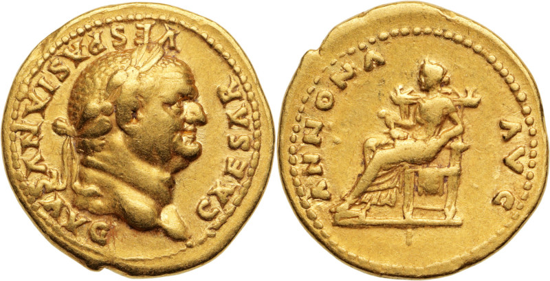 VESPASIEN (69-79)
Aureus AV. 7,23 g. Rome (78-79)
A/ CAESAR VESPASIANVS AVG. Sa ...