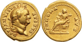 VESPASIEN (69-79)
Aureus AV. 7,23 g. Rome (78-79)
A/ CAESAR VESPASIANVS AVG. Sa tête laurée à droite.
R/ ANNONA AVG. L’abondance assise à gauche.
RIC....