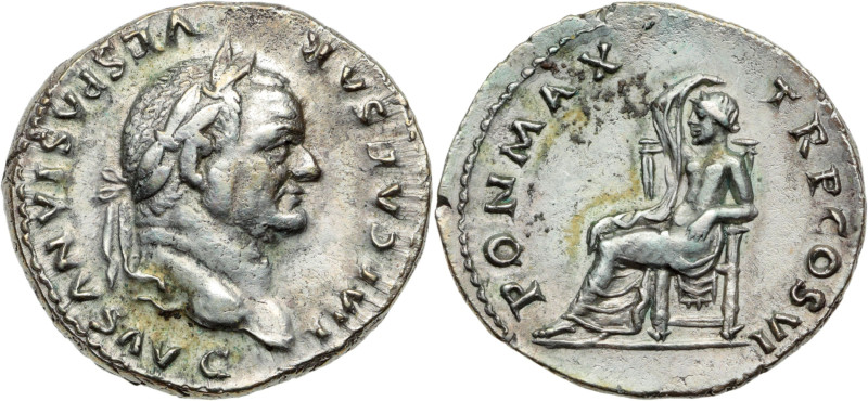 TITUS (71-79) (sous Vespasien)
Denier Rome
A/ IMP CAESAR VESPASIANUS AVG. Sa têt...