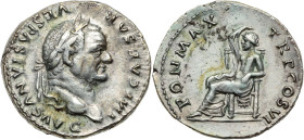 TITUS (71-79) (sous Vespasien)
Denier Rome
A/ IMP CAESAR VESPASIANUS AVG. Sa tête laurée à droite.
R/ PON MAX TR P COS VI. Sécuritas assise à gauche, ...