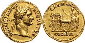 DOMITIEN (81-96)
Aureus 7,15 g. Rome (92-94)
A/ DOMITIANVS AVGVSTVS. Sa tête laurée à droite.
R/ GERMANICVS COS XVI. Domitien conduisant un quadrige à...