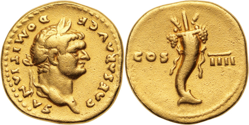 DOMITIEN (81-96)
Aureus 7,04 g. Rome 76
A/ CAESAR AVG F DOMITIANVS. Sa tête laur...