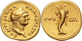 DOMITIEN (81-96)
Aureus 7,04 g. Rome 76
A/ CAESAR AVG F DOMITIANVS. Sa tête laurée à droite.
R/ COS-IIII avec au centre une corne d’abondance.
C. 46v....
