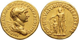 TRAJAN (98-11)7
Aureus 7,07 g. Rome (112-114)
A/ IMP TRAJANO AVG GER DAC P M TR COS VI PP. Son buste lauré et drapé à droite.
R/ CONSERVATORI PATRIS P...