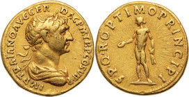 TRAJAN (98-11)
Aureus 7,25 g. Rome (112-114)
A/ IMP TRAJANO AVG GER DAC P M TR COS VI PP. Son buste lauré et drapé à droite.
R/ Bonus Eventus nu debou...