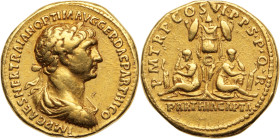 TRAJAN (98-11)
Aureus 7,40 g. Rome 114-117
A/ IMP CAES NER TRAJAN OPTIMO AVG GER DAC PARTHICO. Son buste lauré et drapé à droite.
R/ P M TR P COS VI P...