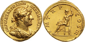 HADRIEN (117-138)
Aureus 7,38 g. Rome (119-122)
A/ IMP CAESAR TRAIAN HADRIANVS AVG. Son buste barbu, lauré et drapé à droite.
R/ PMTR COS III. Jupiter...