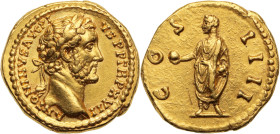 ANTONIN LE PIEUX (138-161)
Aureus 7,36 g. Rome (152-153)
A/ ANTONINVS AVG PIVS P P TR P XVII. Son buste lauré, drapé et cuirassé à droite. 
R/ COS III...