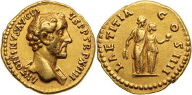 ANTONIN LE PIEUX (138-161)
Aureus, 7,13 g. Rome en 151
A/ ANTONINVS AVG PI - VS P P TR P XIIII. Buste nu à droite, le pli du manteau sur l’épaule anté...