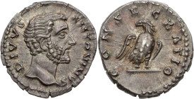 ANTONIN LE PIEUX (138-161)
posthume sous Marc Aurèle (161-180)
Denier AR. 3,32 g. Rome.
A/ DIVVS ANTONINVS. Son buste à droite.
R/ CONSECRATIO. Aigle ...