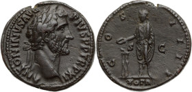 ANTONIN LE PIEUX (138-161)
As 14,44 g. Rome en 148
A/ ANTONINVS AVG PIVS P P TR P XI. Tête laurée d’Antoninus à droite.
R/ COS IIII S - C // VOTA (en ...