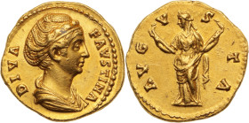 FAUSTINE L’ANCIENNE (morte en 141) 
épouse d’Antonin le Pieux. 
Aureus 7,26 g. frappé à Rome en 147
A/ DIVA FAVSTINA. Son buste drapé à droite. 
R/ AV...